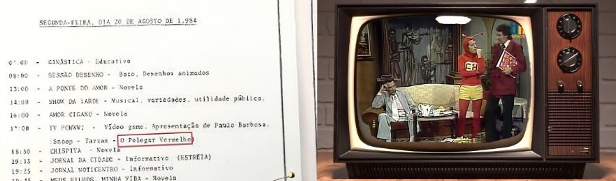 Programação do SBT de 20 de agosto de 1994, datilografada, e cena do primeiro episódio exibido.