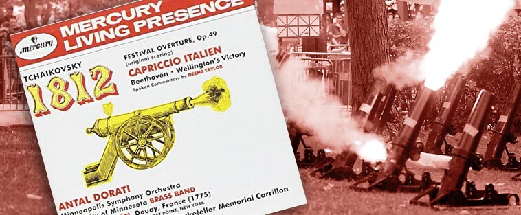 Gravação da Abertura de 1812, e morteiros utilizados como parte da orquestra em uma de suas apresentações