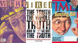 Capas da Wired e da Time na época colocando Bill Gates à frente da ação antitruste