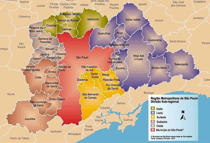 Mapa da região metropolitana, com o município de São Paulo em vermelho