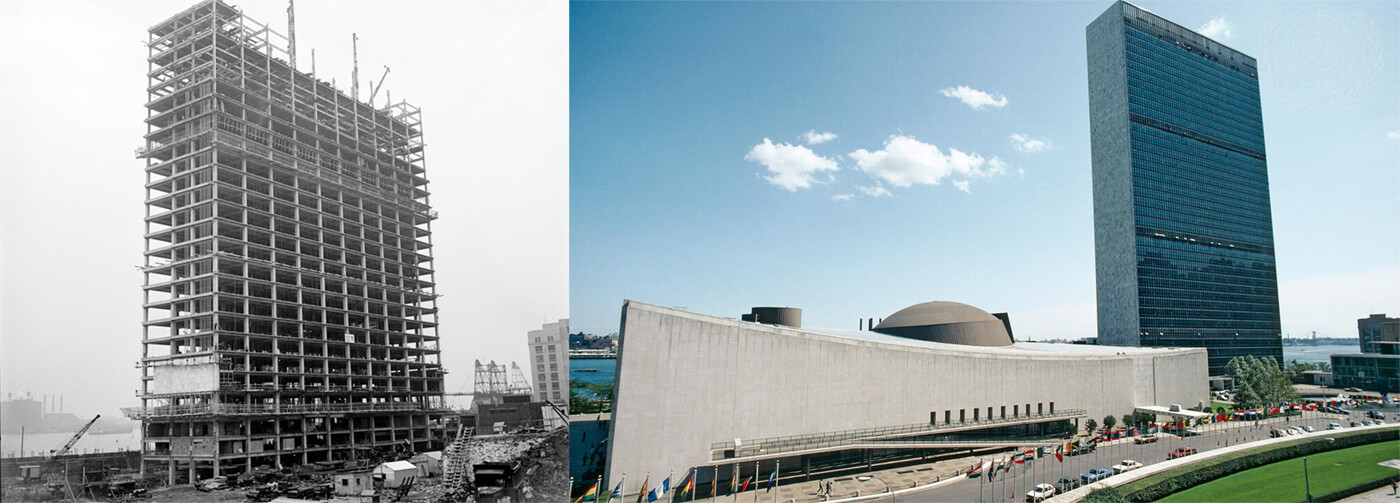 O prédio da ONU, em construção (à esquerda) e hoje em dia (foto colorida)