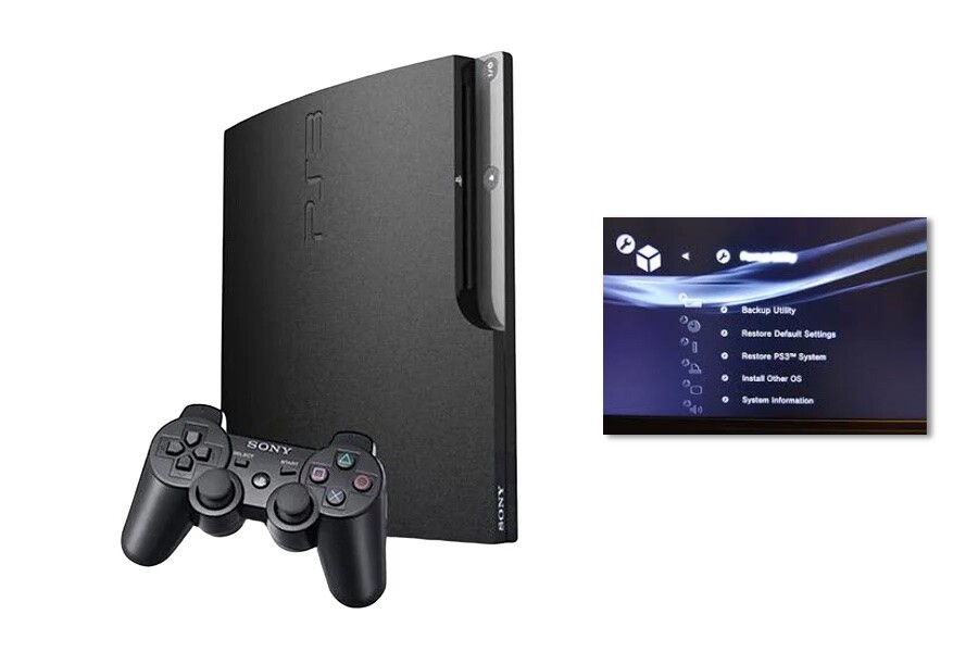 UM PS3 Slim com um controle, e a antiga opção de menu “Install Other OS“