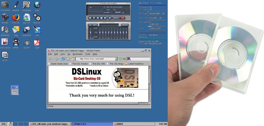 Tela do Damn Small Linux e foto de uma mão segurando 2 CD-ROMs retangulares