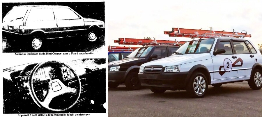 Fotos da Folha, do exterior e interior do carro, com a legenda “As linhas lembram as do Mini Cooper, mas o Uno é mais bonito.“<br><br>E foto de modelo mais recente do Uno, perfilado e transportando escadas sobre seu teto