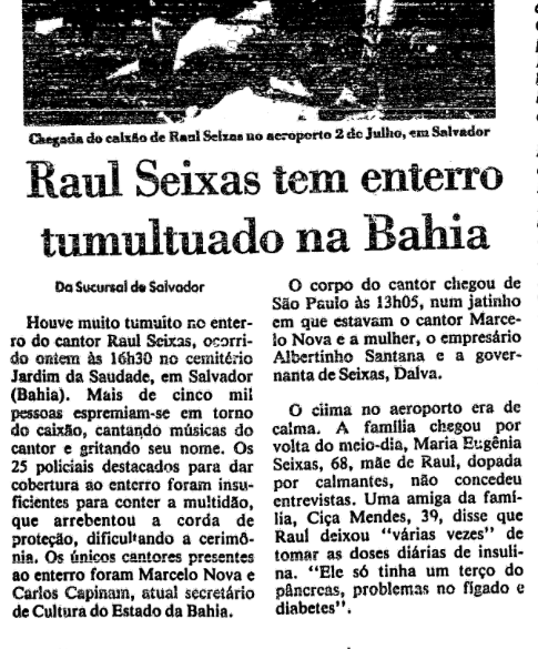 Matéria de jornal com o título: Raul Seixas tem enterro tumultuado na Bahia