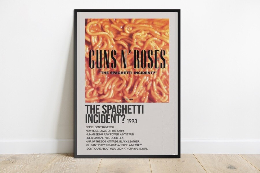 Poster de The Spaghetti Incident, com capa do disco e lista das faixas