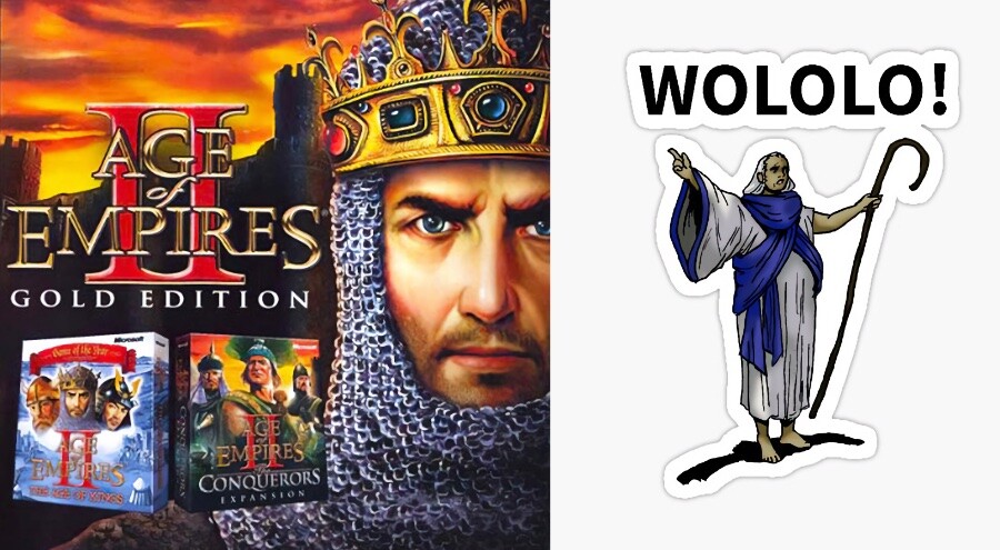 Banner do Age of Empires II Gold Edition mostrando a caixa do jogo original e da expansão Conquerors, e sticker do personagem místico do jogo dizendo WOLOLO enquanto segura um cajado