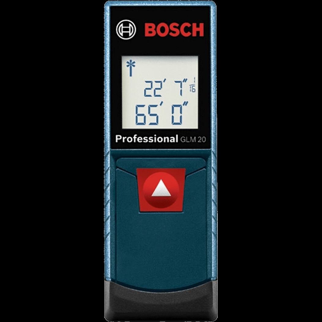 Foto promocional de uma trena laser Bosch Professional GLM20, com um botão, e display exibindo uma distância em pés e polegadas