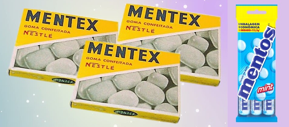 3 embalagens clássicas de Mentex (quando ainda era da Nestlé) e um pacote com 3 embalagens modernas de Mentos