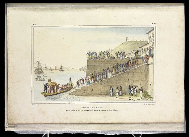 Partida da Rainha Carlota Joaquina no seu retorno a Portugal. <br><br>Título: Départ de la Reine : pour se rendre à bord du vaisseau Royal destiné à conduire sa Cour à Lisbonne [Iconográfico] Imprenta Paris [França] : Firmin Didot Frères, 1839.