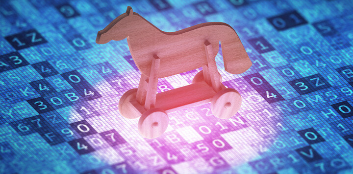 Brinquedo em forma de cavalo de madeira com rodas, sobre um display digital