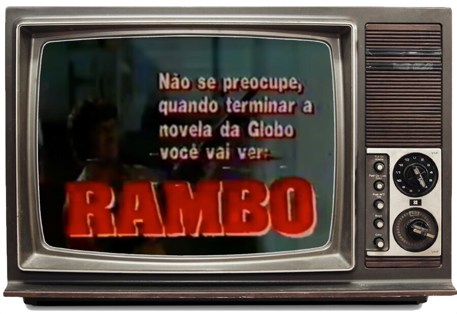 Slide com foto do personagem de Stallone e a frase: não se preocupe, quando terminar a novela da Globo você vai ver Rambo