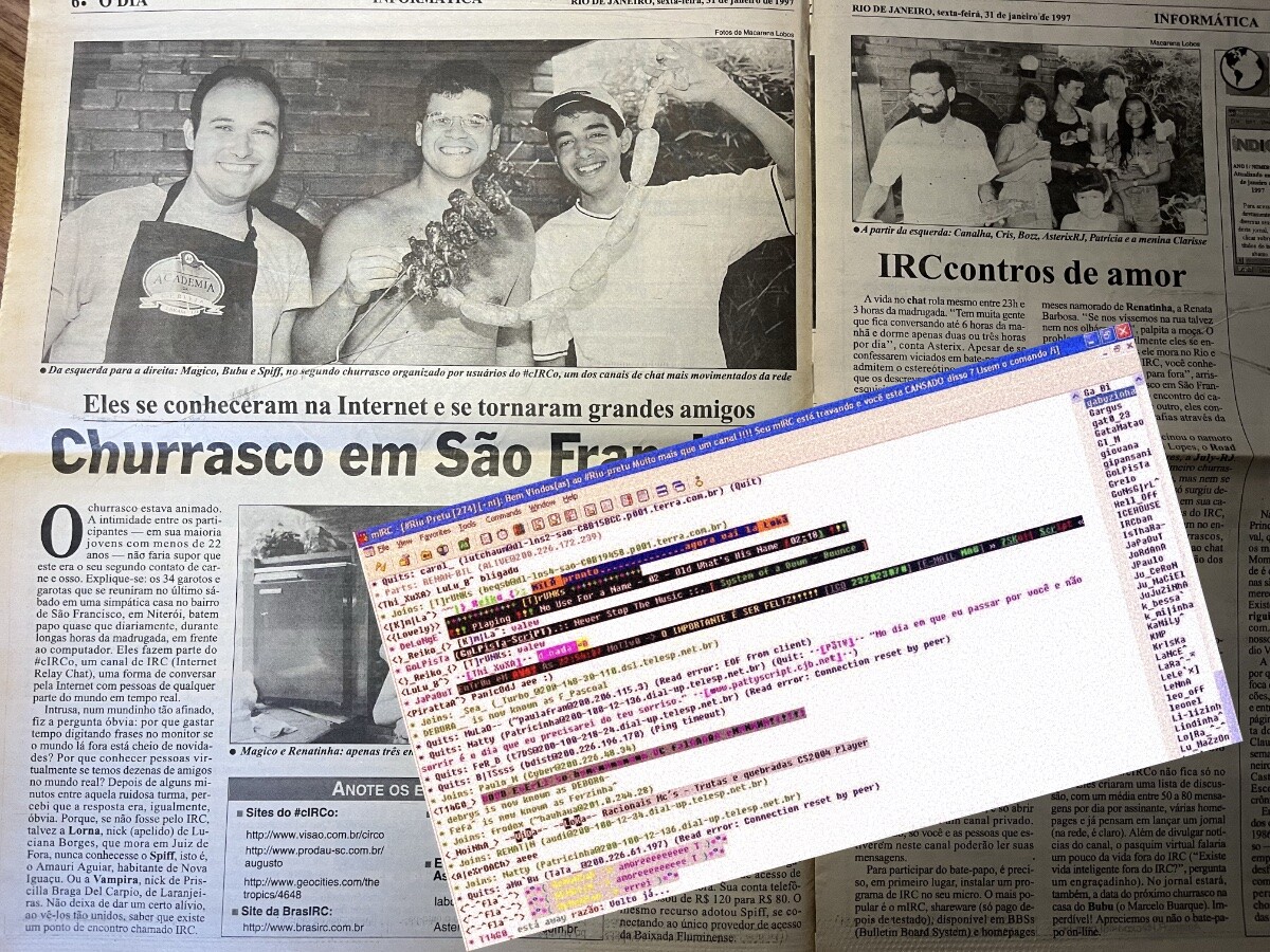 Janela esmaecida do mIRC montada sobre página de jornal com título: <br><br>ELES SE CONHECERAM NA INTERNET E SE TORNARAM GRANDES AMIGOS<br><br>CHURRASCO EM SÃO FRANCISCO 