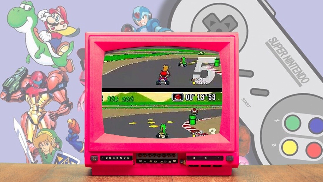 Mario Kart em partida para duas jogadoras na mesma tela, em uma TV cor de rosa