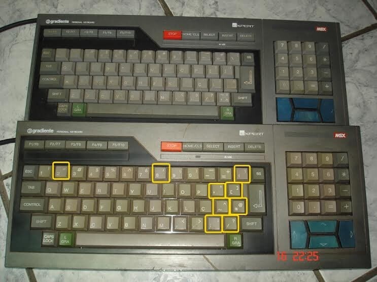 O teclado original, acima, e o teclado da nova versão do Expert, no mesmo formato adotado no recall, e com destaque para as 9 teclas substituídas.