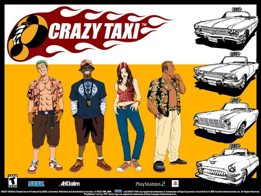 Tela de seleção de personagens do Crazy Taxi para o PS2, com variação de gênero, idade e cor da pele
