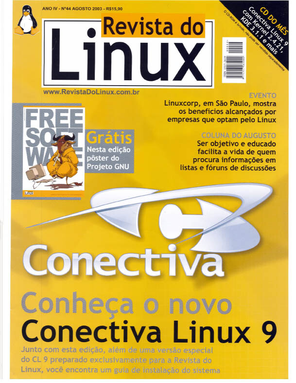 Capa da Revista do Linux 44, com a manchete: Conheça o novo Conectiva Linux 9
