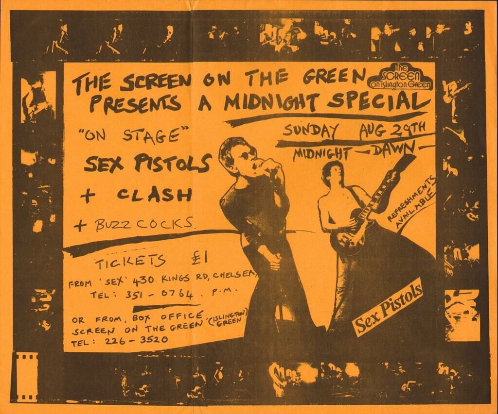 Folheto do show punk Screen on the Green, de 29 de agosto de 1976, com os Sex Pistols, The Clash e os Buzzcocks, todos por £ 1.<br>