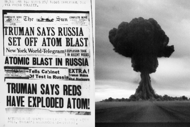 Foto do cogumelo nuclear e capa de jornal ocidental com a manchete: Truman says Russia set off atom blast