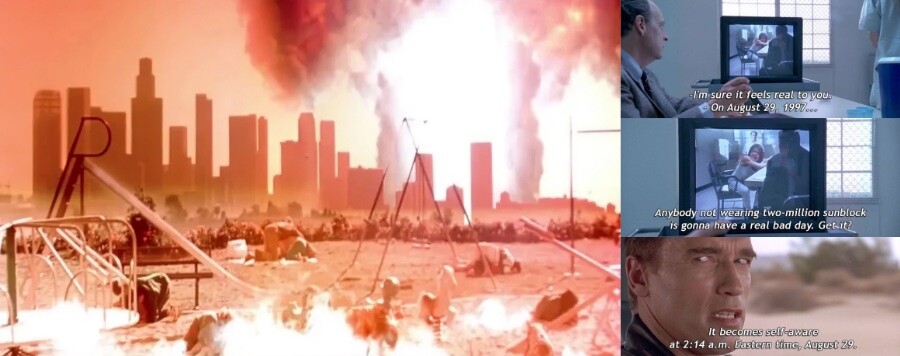 Cenas de O Exterminador do Futuro 2, mostrando a visualização da retaliação russa e a descrição da data por Sarah Connor e por um androide T-800