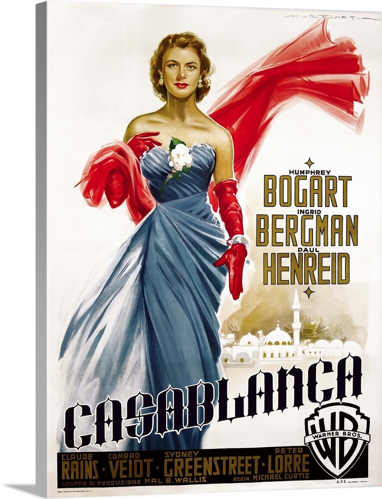 Bergman, de vestido azul e longas luvas vermelhas, com uma flor presa a seu busto, em arte italiana para cartaz do filme Casablanca