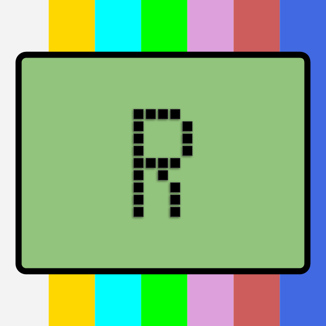 Logotipo do Rudiz, um R em bitmap sobre fundo verde, posicionado sobre um padrão de teste de cores de televisores