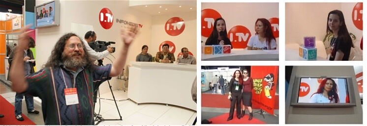 Stallman, representantes da Microsoft, Cesar Brod e LinuxChix no estúdio da Infomedia TV num FISL