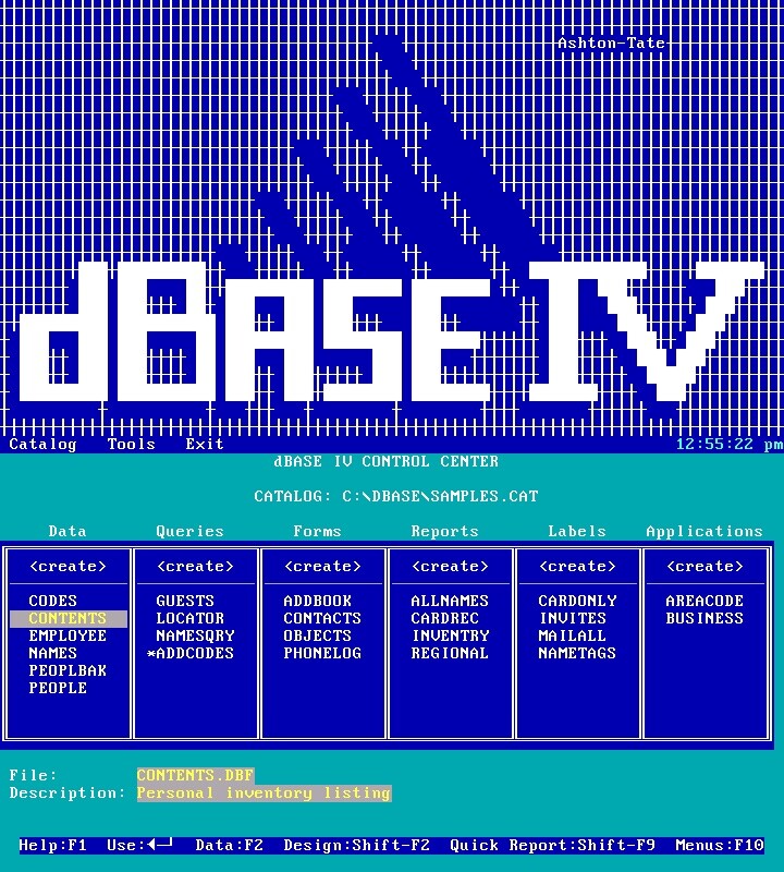 Duas telas do dBase IV sobrepostas: uma com a identificação do sistema, em caracteres semigráficos, e outra com um exemplo de uso da central de controle