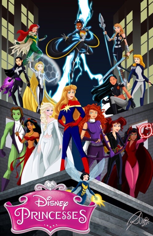 Visualização artística de um rol de princesas da Disney incluindo as clássicas e as herdadas da Marvel