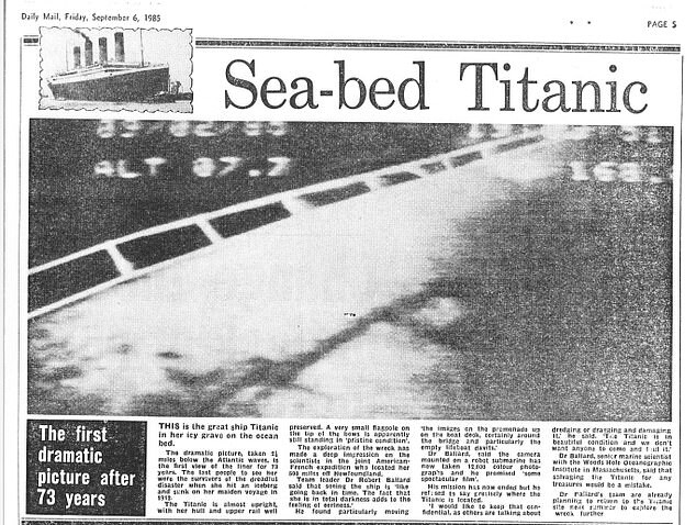 Artigo do Daily Mail cm foto de baixa qualidade dos destroços, e o título Sea-bed Titanic