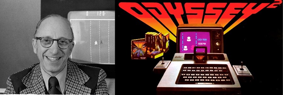 Foto em preto e branco de Ralph Baer e imagem promocional do Odissey 2, que no Brasil saiu com o nome de Odyssey.