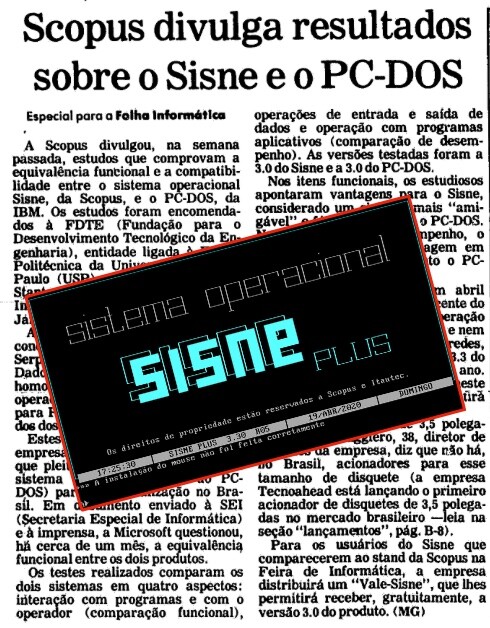 Tela do sistema operacional SISNE Plus, sobreposta a uma matéria de jornal com o título “Scopus divulga resultados sobre o Sisne e o PC-DOS“