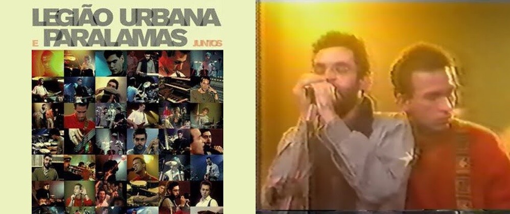 Capa do disco com colagem de momentos do show e, no destaque, Renato Russo e Herbert Vianna juntos no palco