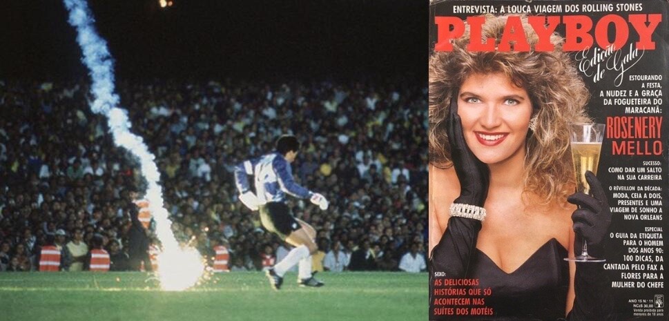 Foto mostrando a distância entre o foguete e Rojas, instantes antes do início da simulação, e capa da Playboy com a Fogueteira do Maracanã