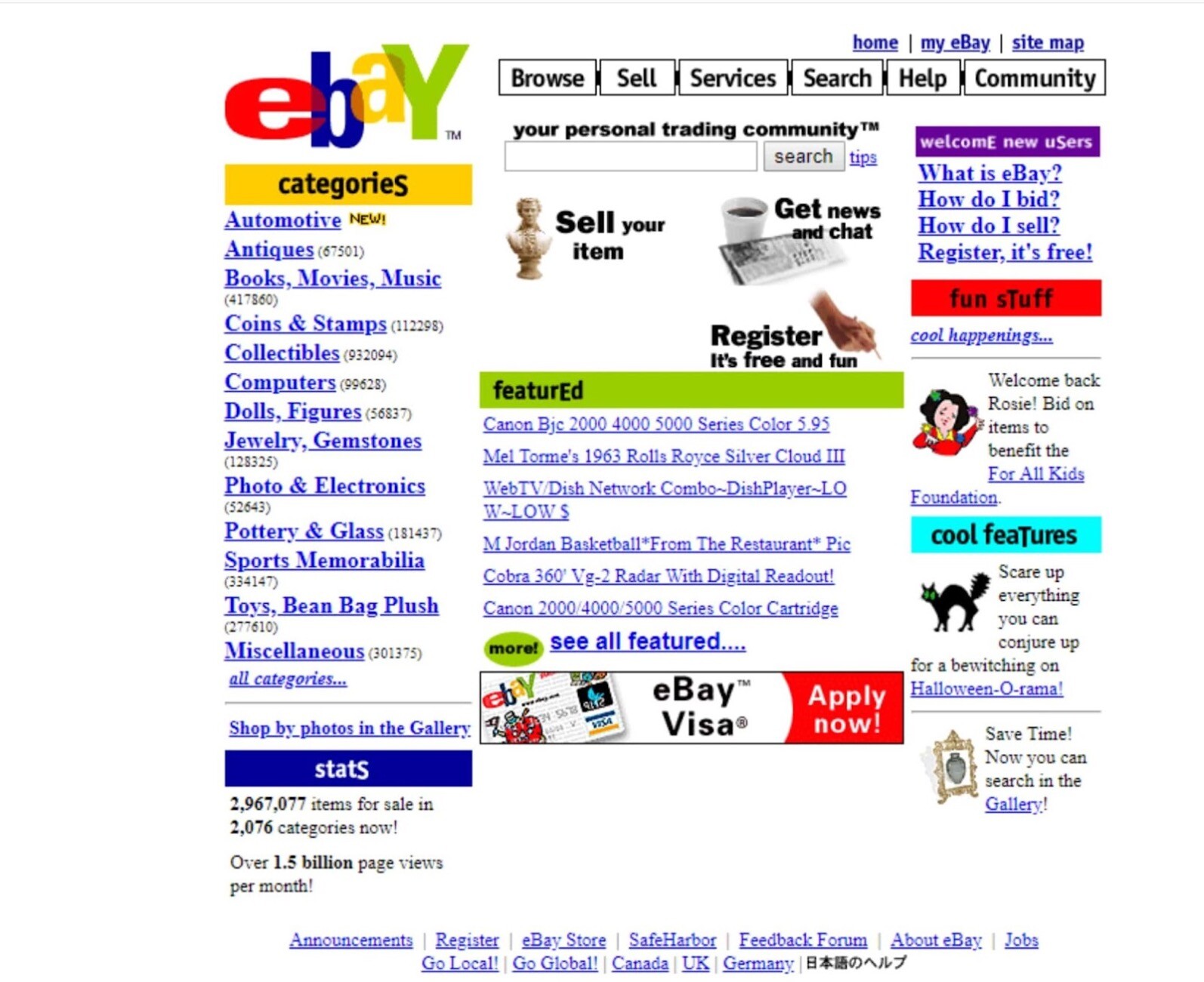 Home page do ebay nos anos 90