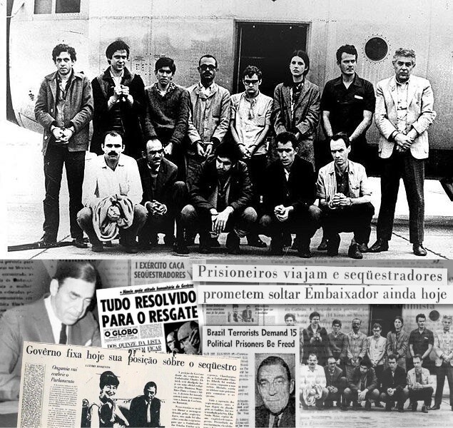 13 dos 15 prisioneiros políticos libertados, prestes a serem transportados para o exílio, e uma coletânea de recortes de jornal sobre o sequestro