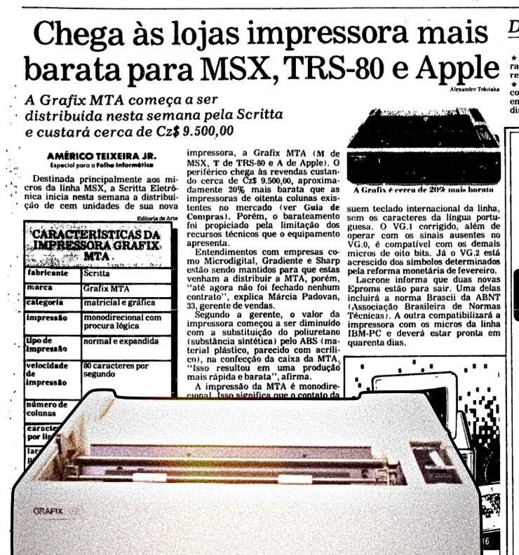 Foto de uma Grafix MTA sobreposta a uma matéria de jornal com o título: Chega às Lojas Impressora mais barata para MSX, TRS-80 e Apple