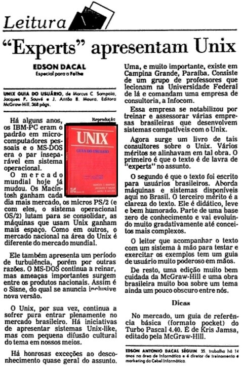 Capa de Unix Guia do Usuário em matéria da Folha com o título: Experts apresentam Unix