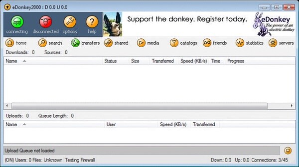 Tela do eDonkey2000 sem transferências ativas