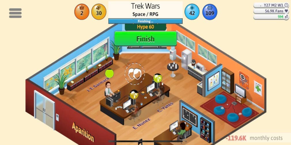 Tela do Game Dev Tycoon, que simula as decisões de uma empresa de desenvolvimento de jogos