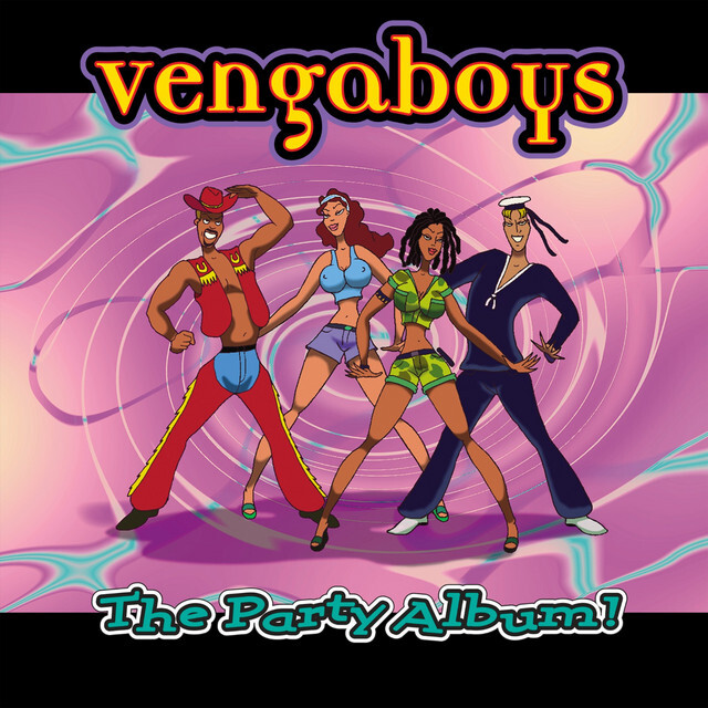 Capa de The Party Album, com os integrantes do Vengaboys, em versão desenhada e figurino com referência à banda Village People