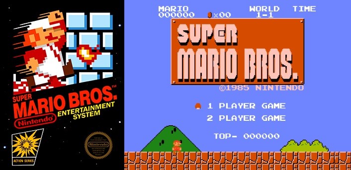Caixa e tela inicial do Super Mario Bros. para o Nintendo