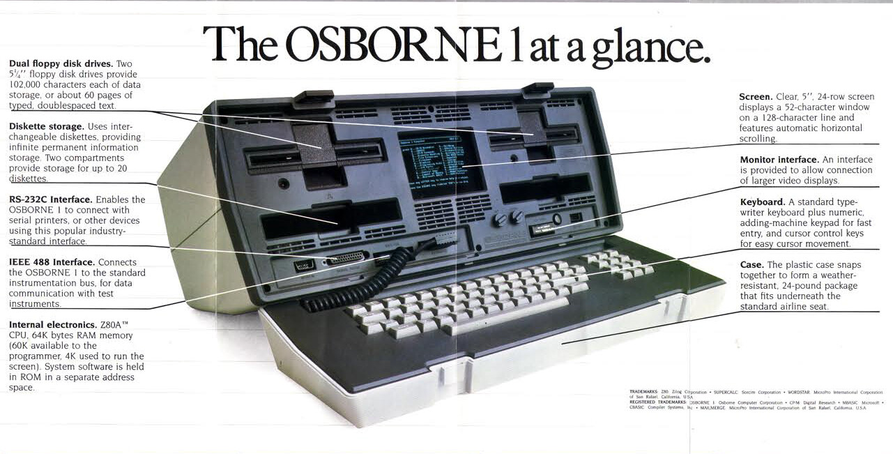 Anúncio com o título de “Osborne 1 at a glance“ destaca as características principais do Osborne 1, em modelo maleta, apresentado em foto.