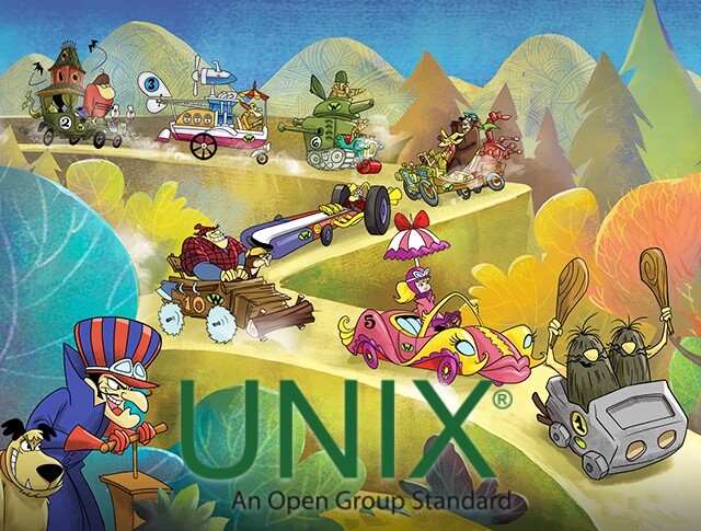 Logo do Unix aplicado ao lado do Dick Vigarista, prestes a acionar um detonador, em cena do desenho Corrida Maluca