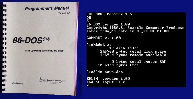 Manual e tela do 86-DOS, em tudo similar à do MS-DOS/PC-DOS.