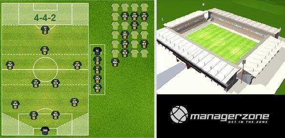 Tela do MamagerZone mostrando um esquema tático 4-4-2 e a visão aérea de um estádio