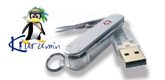 Logo do Kurumin, com tema que mistura pinguim com habitante originário do Brasil, junto a um canivete Victorinox com pen drive embutido