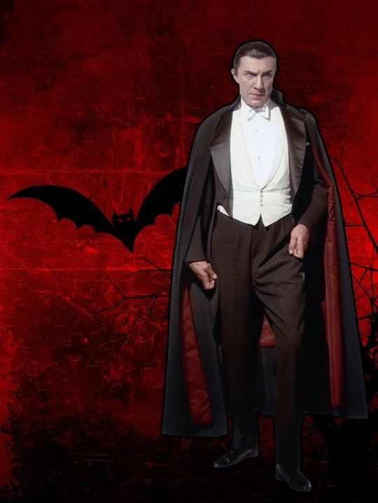 Bela Lugosi caracterizado como o Conde Drácula sobre um fundo alegórico de vampiros e noite sangrenta