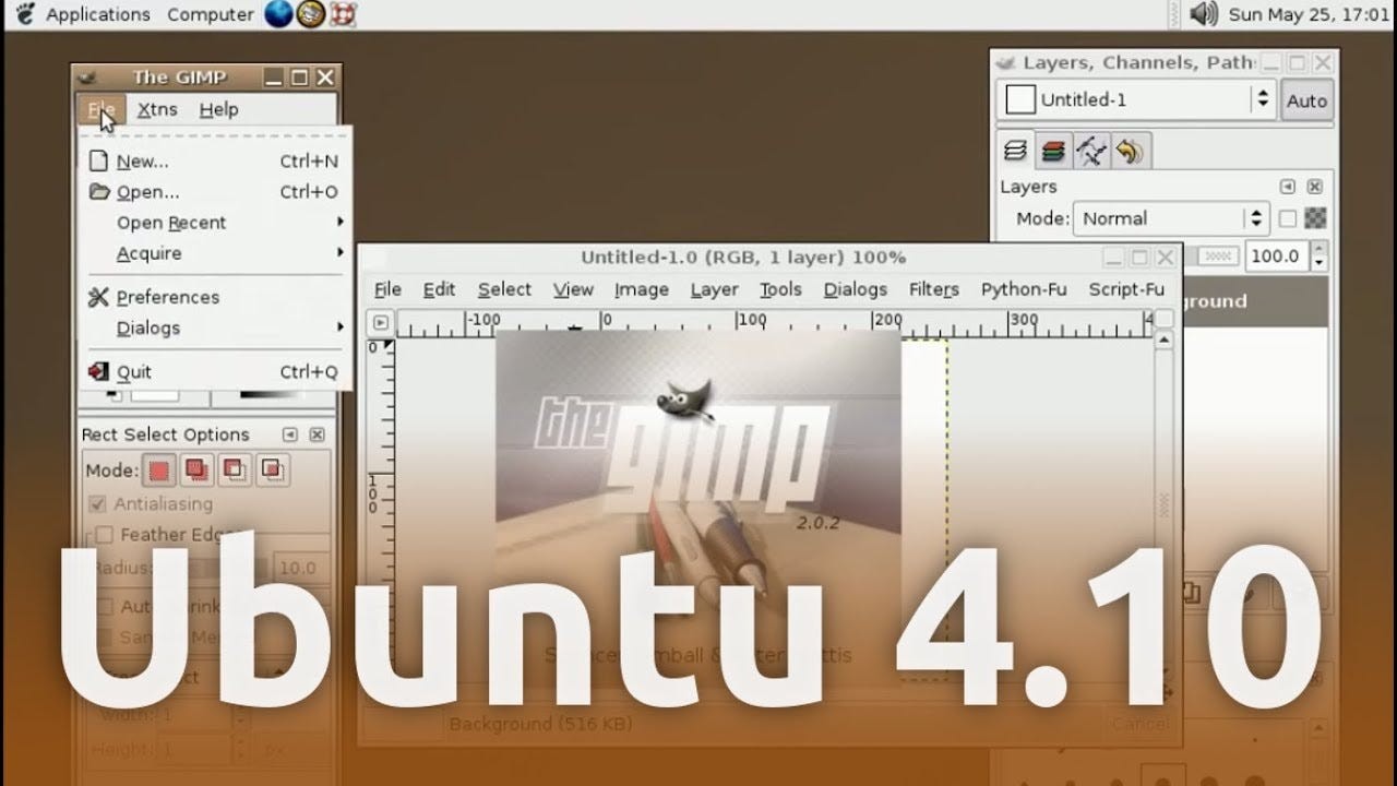 Desktop e exemplos de menus e decorações de janelas do Ubuntu 4.10