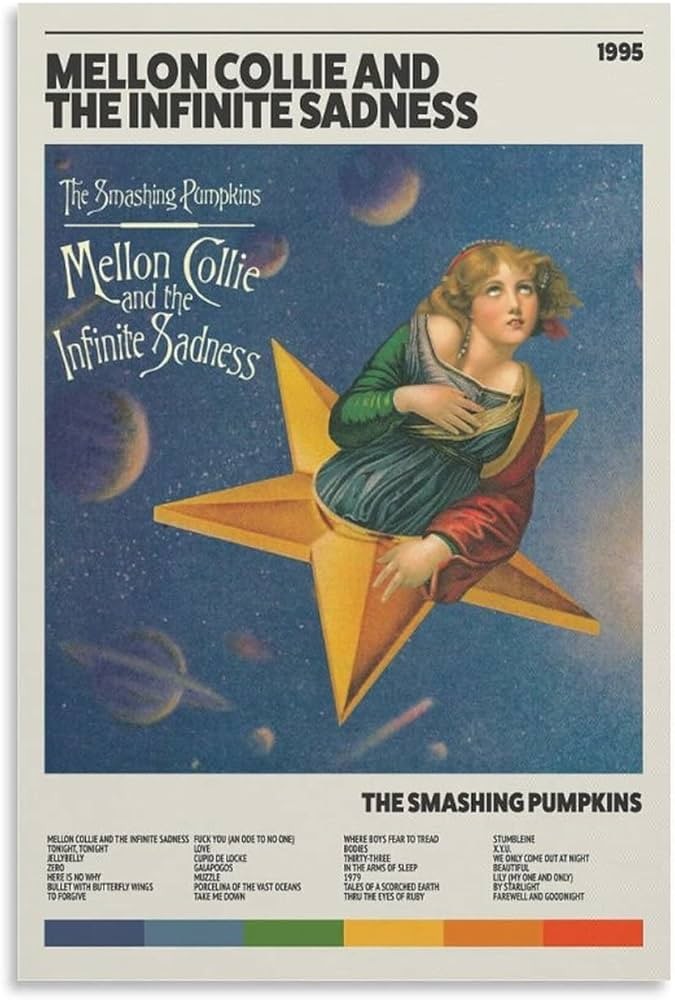 Poster com lista das faixas e reprodução da capa do álbum Mellon Collie and the Infinite Sadness